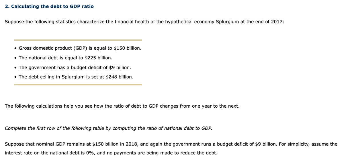 2. Calculating the debt to GDP ratio
Suppose the following statistics characterize the financial health of the hypothetical economy Splurgium at the end of 2017:
• Gross domestic product (GDP) is equal to $150 billion.
• The national debt is equal to $225 billion.
• The government has a budget deficit of $9 billion.
• The debt ceiling in Splurgium is set at $248 billion.
The following calculations help you see how the ratio of debt to GDP changes from one year to the next.
Complete the first row of the following table by computing the ratio of national debt to GDP.
Suppose that nominal GDP remains at $150 billion in 2018, and again the government runs a budget deficit of $9 billion. For simplicity, assume the
interest rate on the national debt is 0%, and no payments are being made to reduce the debt.
