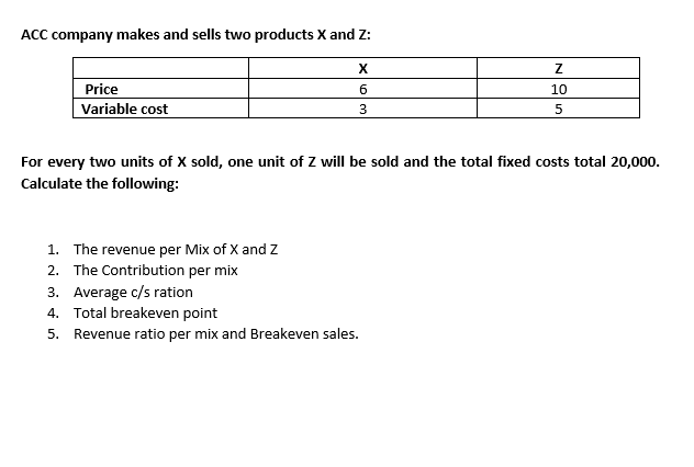 ACC company makes and sells two products X and Z:
Price
Variable cost
X
6
3
Z
10
5
For every two units of X sold, one unit of Z will be sold and the total fixed costs total 20,000.
Calculate the following:
1. The revenue per Mix of X and Z
2. The Contribution per mix
3. Average c/s ration
4. Total breakeven point
5.
Revenue ratio per mix and Breakeven sales.