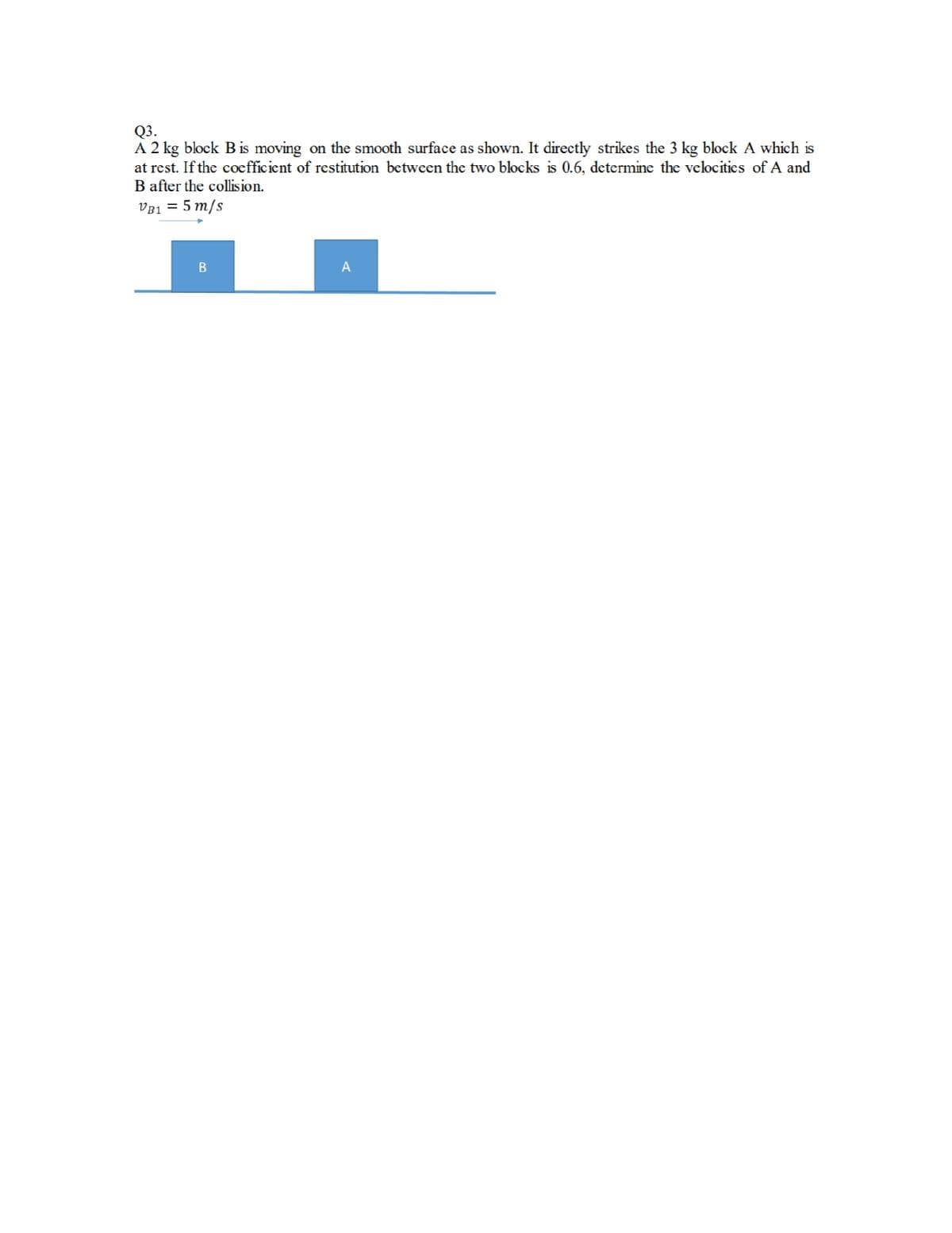 Q3.
A 2 kg block B is moving on the smooth surface as shown. It directly strikes the 3 kg block A which is
at rest. If the coefficient of restitution between the two blocks is 0.6, determine the velocitics of A and
B after the collision.
V81 = 5 m/s
A
