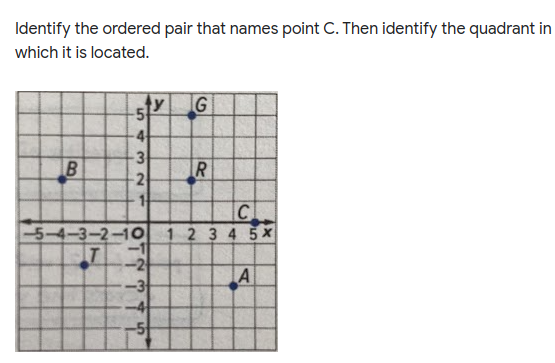 Identify the ordered pair that names point C. Then identify the quadrant in
which it is located.
ty
G
-3
2
IR
IC
-5-4-3-2-1O
1 2 3 4 5X
-1
-2
-3
-4
-5
IT
543 21
