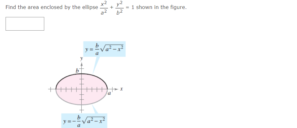 Find the area enclosed by the ellipse
a²
b
+
y = -b/√√√a²-x²
y²
62
y=b/√a²-x²
x
=
1 shown in the figure.