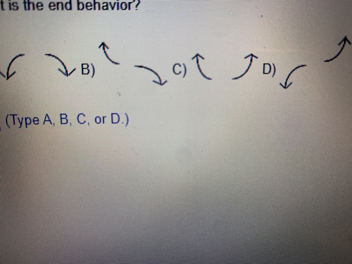 t is the end behavior?
сдог
B)
(Type A, B, C, or D.)
2от раб
D)