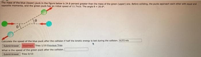 The mass of the blue (lower) puck in the figure below is 24.8 percent greater than the mass of the green (upper) one. Before colliding, the pucks approach each other with equal and
opposite moments, and the green puck has an initial speed of 11.7m/s. The angle 0-26.6"
Calculate the speed of the blue puck after the collision if half the kinetic energy is lost during the collision. 8.272 m/s
Submit Answer Incorrect. Tries 1/10 Previous Tries
What is the speed of the green puck after the collision.
Submit Answer Tries 0/10