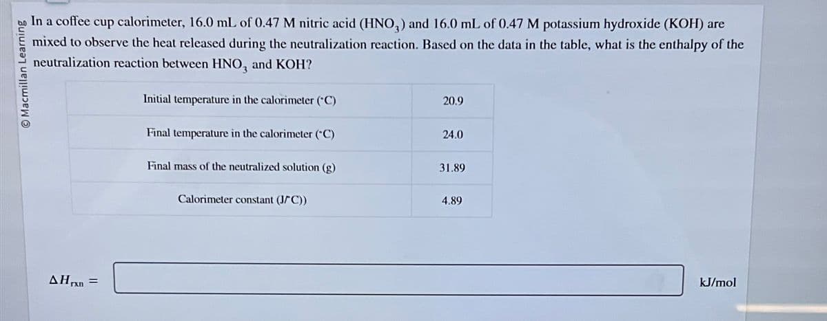 Macmillan Learning
In a coffee cup calorimeter, 16.0 mL of 0.47 M nitric acid (HNO,) and 16.0 mL of 0.47 M potassium hydroxide (KOH) are
mixed to observe the heat released during the neutralization reaction. Based on the data in the table, what is the enthalpy of the
neutralization reaction between HNO, and KOH?
ΔΗΠΕ
Initial temperature in the calorimeter (C)
20.9
Final temperature in the calorimeter (C)
24.0
Final mass of the neutralized solution (g)
31.89
Calorimeter constant (J/C))
4.89
kJ/mol