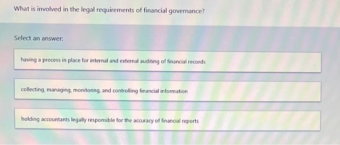 What is involved in the legal requirements of financial governance?
Select an answer:
having a process in place for internal and external auditing of financial records
collecting, managing, monitoring, and controlling financial information
holding accountants legally responsible for the accuracy of financial reports