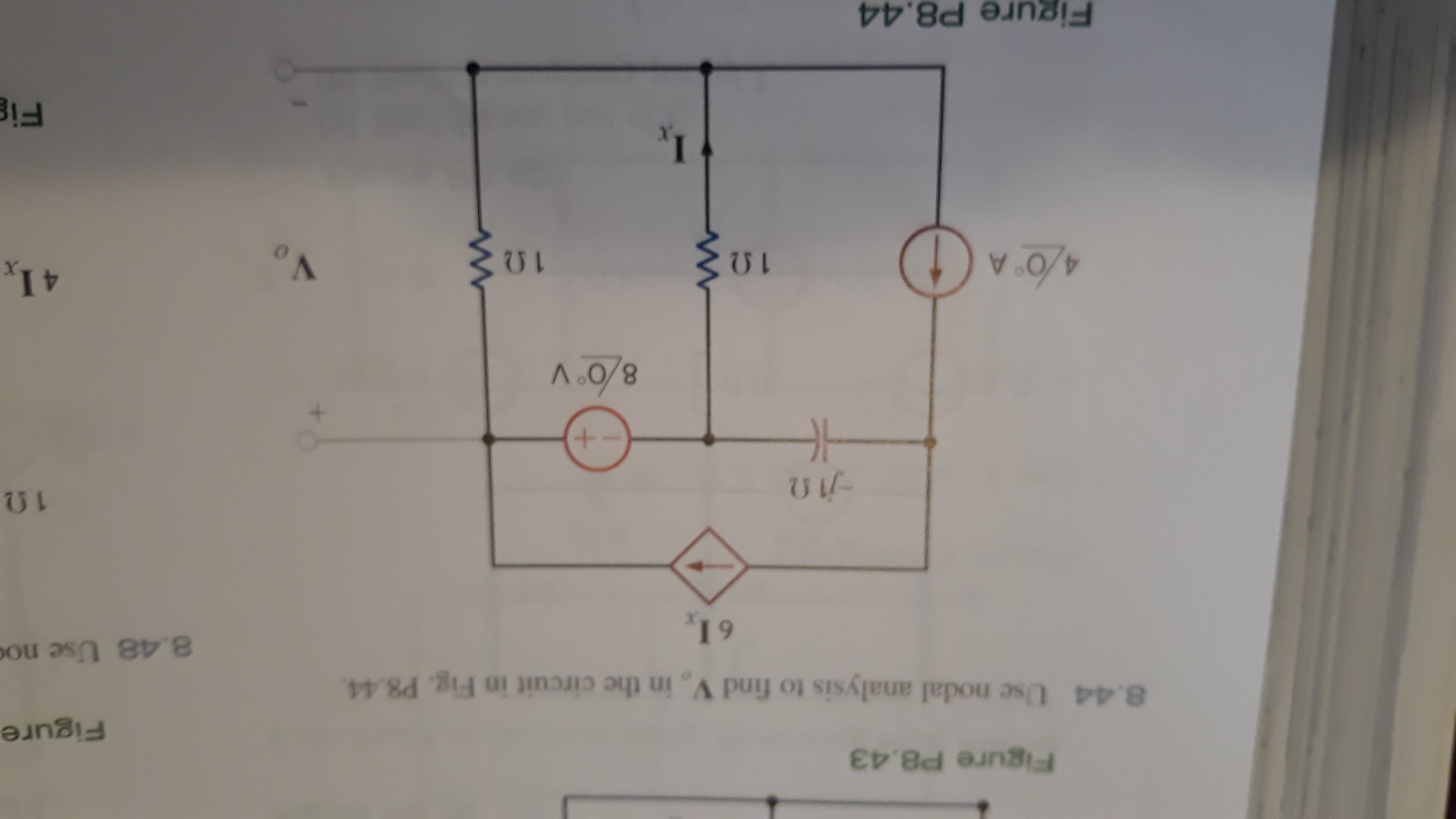 Figure P8.43
8.44 Use nodal analysis to find V, in the circuit in Fig. P8.44.
8.
61,
+.
8/0 V
No
4/0 A
1Ω
10
Figure P8.44
00

