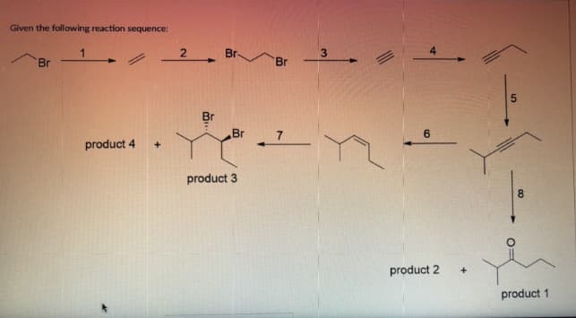 Given the following reaction sequence:
Br
product 4 +
2 Br
Br
"
Br
product 3
Br
7
3
6
product 2
+
5
8
00
product 1