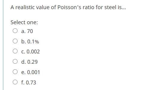 A realistic value of Poisson's ratio for steel is...
Select one:
O a. 70
O b. 0.1%
O c. 0.002
O d. 0.29
O e. 0.001
O f. 0.73
