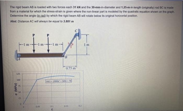 The rigid beam AB is loaded with two forces each 31 kN and the 30-mm-in-diameter and 1.25-m-in-length (originally) rod BC is mado
from a material for which the stress-strain is given where the non-linear part is modeled by the quadratic equation shown on the graph.
Determine the angle (in rad) by which the rigid beam AB will rotate below its original horizontal position.
Hint: Distance AC will always be equal to 3.881 m
m
m
0.75 m
125
100
ole)-2000e540. 78
75
50
25
0.1
0.15
0.2
3.
a (MPa)
