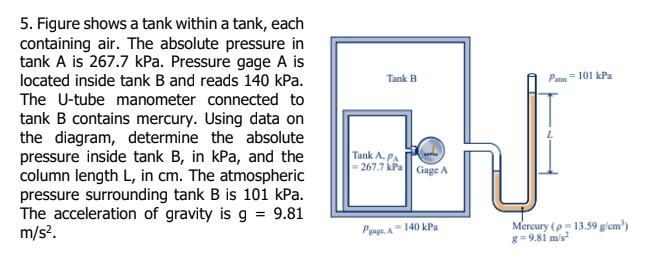 5. Figure shows a tank within a tank, each
containing air. The absolute pressure in
tank A is 267.7 kPa. Pressure gage A is
located inside tank B and reads 140 kPa.
P= 101 kPa
Tank B
The U-tube manometer connected to
tank B contains mercury. Using data on
the diagram, determine the absolute
pressure inside tank B, in kPa, and the
column length L, in cm. The atmospheric
pressure surrounding tank B is 101 kPa.
The acceleration of gravity is g = 9.81
m/s?.
Tank A, PA
-267.7 kPa| Gage A
Perera" 140 kPa
Mercury (p- 13.59 g/em³)
g= 9.81 m's
