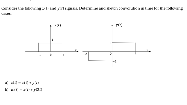 Consider the following x(t) and y(t) signals. Determine and sketch convolution in time for the following
cases:
x(t)
y(t)
-1
1
-1
a) z(t) = x(t) * y(t)
b) w(t) = x(1) * y(2t)
