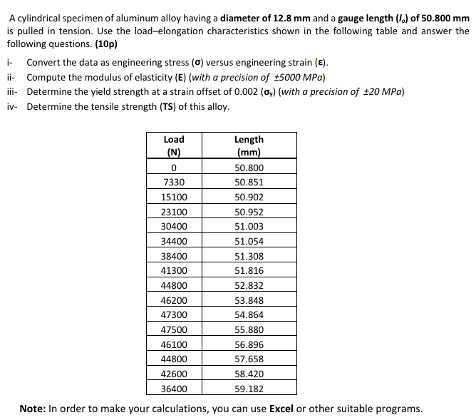 A cylindrical specimen of aluminum alloy having a diameter of 12.8 mm and a gauge length (I.) of 50.800 mm
is pulled in tension. Use the load-elongation characteristics shown in the following table and answer the
following questions. (10p)
i- Convert the data as engineering stress (a) versus engineering strain (E).
ii- Compute the modulus of elasticity (E) (with a precision of 15000 MPa)
i- Determine the yield strength at a strain offset of 0.002 (oy) (with a precision of +20 MPa)
iv- Determine the tensile strength (TS) of this alloy.
Load
Length
(N)
(mm)
50.800
7330
50.851
15100
50.902
23100
50.952
30400
51.003
34400
51.054
38400
51.308
41300
51.816
44800
52.832
46200
53.848
47300
54.864
47500
55.880
46100
56.896
44800
57.658
42600
58.420
36400
59.182
Note: In order to make your calculations, you can use Excel or other suitable programs.
