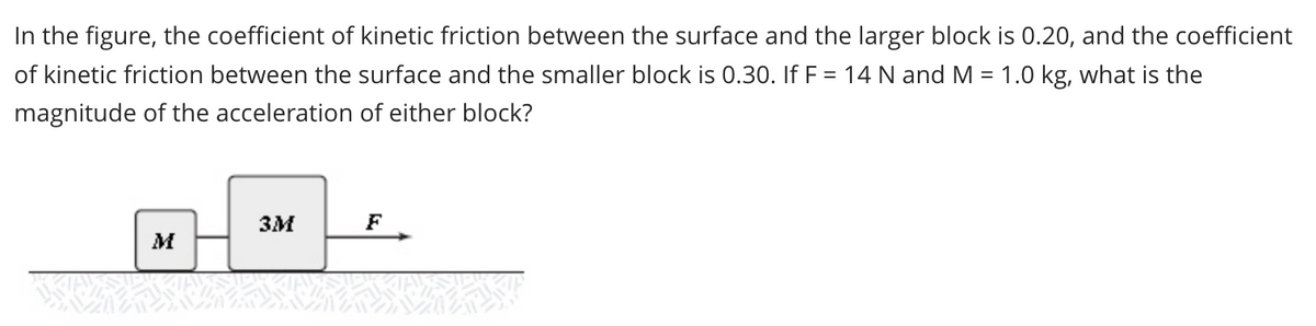 In the figure, the coefficient of kinetic friction between the surface and the larger block is 0.20, and the coefficient
of kinetic friction between the surface and the smaller block is 0.30. If F = 14 N and M = 1.0 kg, what is the
magnitude of the acceleration of either block?
M
3M
F