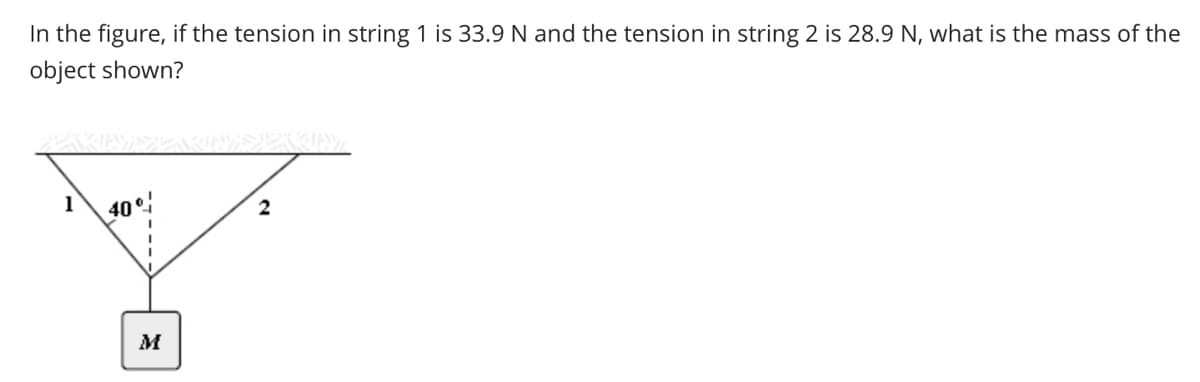 In the figure, if the tension in string 1 is 33.9 N and the tension in string 2 is 28.9 N, what is the mass of the
object shown?
1
40%
I
M
INDEKKIN.