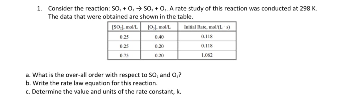 1. Consider the reaction: SO, + O, → SO, + O2. A rate study of this reaction was conducted at 298 K.
The data that were obtained are shown in the table.
[SO-], mol/L
[0;], mol/L
Initial Rate, mol/(L` s)
0.25
0.40
0.118
0.25
0.20
0.118
0.75
0.20
1.062
a. What is the over-all order with respect to SOo and 0,?
b. Write the rate law equation for this reaction.
c. Determine the value and units of the rate constant, k.

