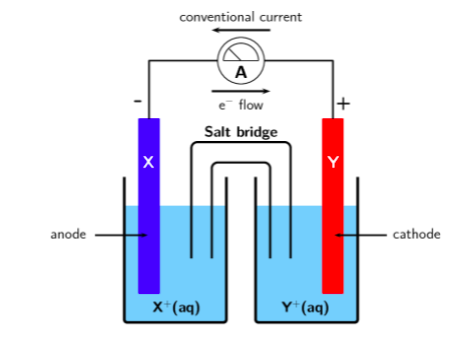 conventional current
A
e flow
+
Salt bridge
anode
• cathode
X*(aq)
Y*(aq)
