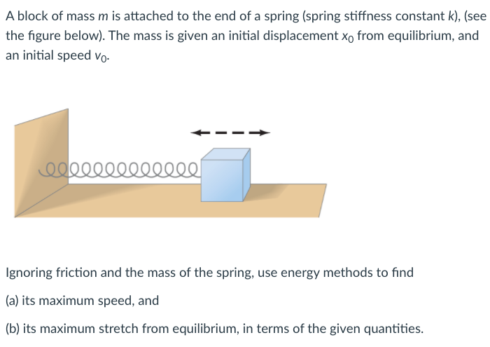 A block of mass m is attached to the end of a spring (spring stiffness constant k), (see
the figure below). The mass is given an initial displacement xo from equilibrium, and
an initial speed vo-
ele 0l
Ignoring friction and the mass of the spring, use energy methods to find
(a) its maximum speed, and
(b) its maximum stretch from equilibrium, in terms of the given quantities.
