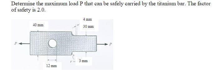 Determine the maximum load P that can be safely carried by the titanium bar. The factor
of safety is 2.0.
4 mm
40 mm
30 mm
P
P
12 mm
21
3 mm