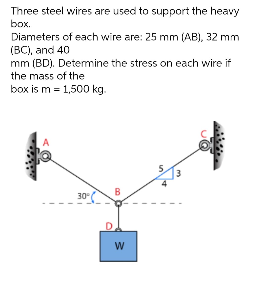 Three steel wires are used to support the heavy
box.
Diameters of each wire are: 25 mm (AB), 32 mm
(BC), and 40
mm (BD). Determine the stress on each wire if
the mass of the
box is m = 1,500 kg.
A
5
30°
B
W
4
3