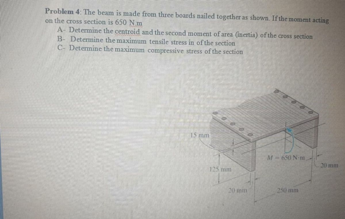 Problem 4: The beam is made from three boards nailed together as shown. If the moment acting
on the cross section is 650 Nm
A- Determine the centroid and the second moment of area (inertia) of the cross section
B- Determine the maximum tensile stress in of the section
C- Determine the maximum compressive stress of the section
15 mm
M - 650 N-m
250 mm
125 mm
20 mm
20 mm