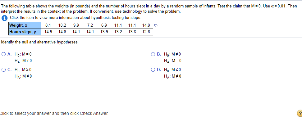 The following table shows the weights (in pounds) and the number of hours slept in a day by a random sample of infants. Test the claim that M 0. Use a = 0.01. Then
interpret the results in the context of the problem. If convenient, use technology to solve the problem.
A Click the icon to view more information about hypothesis testing for slope.
Weight, x
Hours slept, y
8.1
10.2
9.9
7.2
6.9
11.1
11.1
14.9 P
14.9
14.6
14.1
14.1
13.9
13.2
13.8
12.6
Identify the null and alternative hypotheses.
O A. Ho: M= 0
HA: M 0
О В. Но: М#0
HA: M= 0
ОС. Но: М20
HA: M#0
O D. Ho: Ms0
Ha: M#0
Click to select your answer and then click Check Answer.
(?
