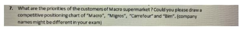 7. What are the priorities of the customers of Macro supermarket? Could you please draw a
competitive positioning chart of "Macro", "Migros", "Carrefour" and "Bim". (company
names might be different in your exam)
