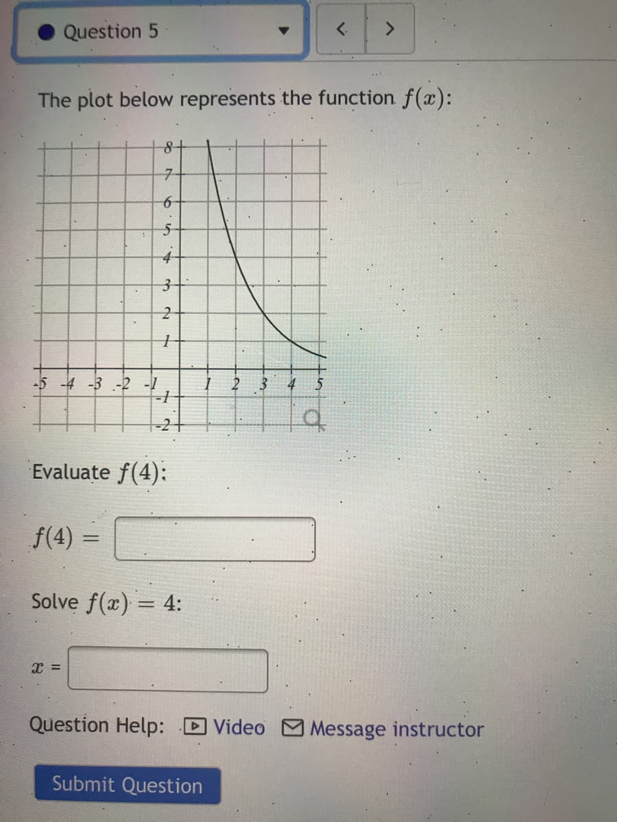 Question 5
<.
The plot below represents the function. f(x):
18
7-
4.
-5 -4 -3 -2 -1
4
Evaluate f(4):
f(4) =
Solve f(x) = 4:
Question Help: D Video M Message instructor
Submit Question
