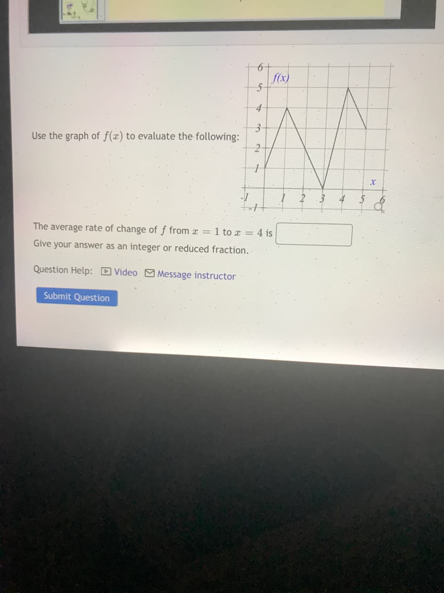 6+
f(x)
5-
4
3-
Use the graph of f(x) to evaluate the following:
-1
tolt
4
The average rate of change of f from x = 1 to x = 4 is
Give your answer as an integer or reduced fraction.
Question Help: D Video M Message instructor
Submit Question
