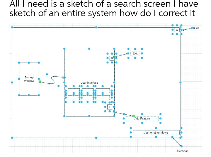 All I need is a sketch of a search screen I have
sketch of an entire system how do I correct it
Exit
Exit
Startup
Window
User Interface
Add Feature
Just Another Movie
Continue
