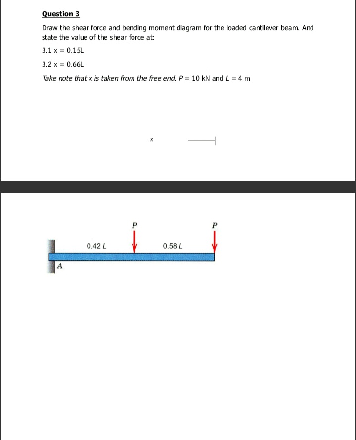Question 3
Draw the shear force and bending moment diagram for the loaded cantilever beam. And
state the value of the shear force at:
3.1 x = 0.15L
3.2 x = 0.66L
Take note that x is taken from the free end. P = 10 kN and L = 4 m
P
0.42 L
0.58 L
A
