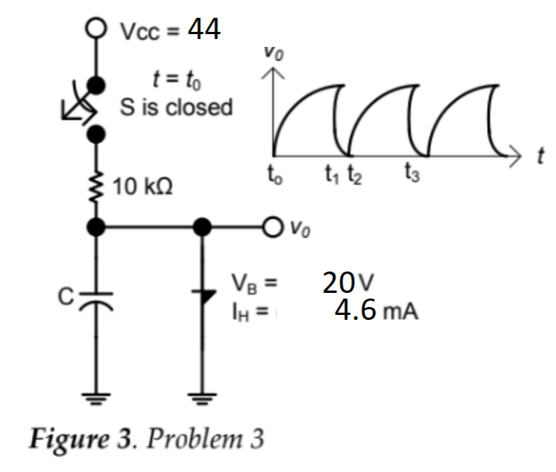 Vcc=44
t = to
S is closed
10 ΚΩ
Vo
man
t₁ t₂
t3
to
Ovo
VB =
|H=
Figure 3. Problem 3
20V
4.6 mA
