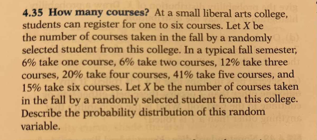 4.35 How many courses? At a small liberal arts college,
students can register for one to six courses. Let X be
the number of courses taken in the fall by a randomly
selected student from this college. In a typical fall semester,
6% take one course, 6% take two courses, 12% take three
courses, 20% take four courses, 41% take five courses, and
15% take six courses. Let X be the number of courses taken
in the fall by a randomly selected student from this college.
Describe the probability distribution of this random
variable.
