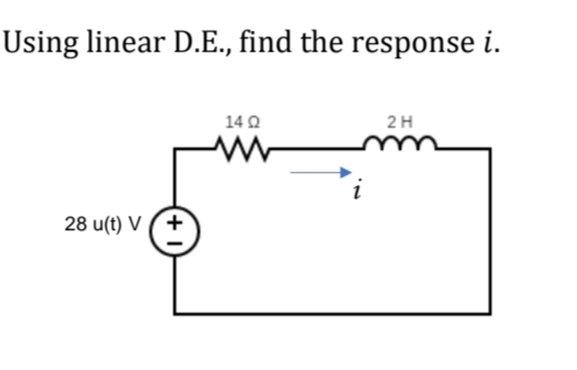Using linear D.E., find the response i.
14 Q2
2H
www
28 u(t) V+