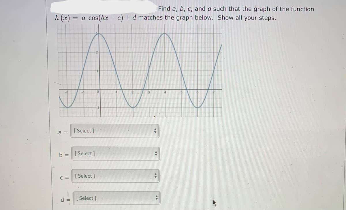 Find a, b, c, and d such that the graph of the function
h (x) = a cos(bx – c) +d matches the graph below. Show all your steps.
a =
[ Select ]
b =
[ Select ]
C =
[ Select ]
d =
[ Select ]

