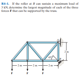 R4-1. If the roller at B can sustain a maximum load of
3 kN, determine the largest magnitude of each of the three
forces F that can be supported by the truss.
45
-2 m
