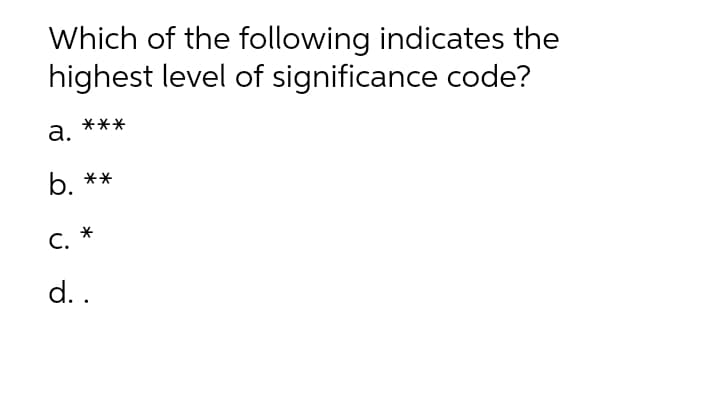 Which of the following indicates the
highest level of significance code?
***
а.
b.
**
С.
d. .
