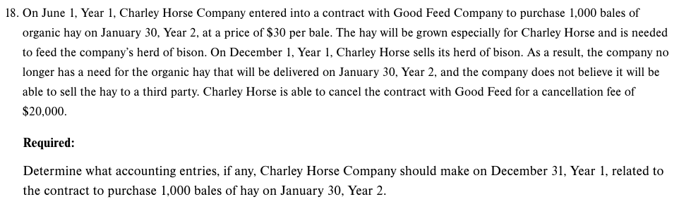 18. On June 1, Year 1, Charley Horse Company entered into a contract with Good Feed Company to purchase 1,000 bales of
organic hay on January 30, Year 2, at a price of $30 per bale. The hay will be grown especially for Charley Horse and is needed
to feed the company's herd of bison. On December 1, Year 1, Charley Horse sells its herd of bison. As a result, the company no
longer has a need for the organic hay that will be delivered on January 30, Year 2, and the company does not believe it will be
able to sell the hay to a third party. Charley Horse is able to cancel the contract with Good Feed for a cancellation fee of
$20,000.
Required:
Determine what accounting entries, if any, Charley Horse Company should make on December 31, Year 1, related to
the contract to purchase 1,000 bales of hay on January 30, Year 2.
