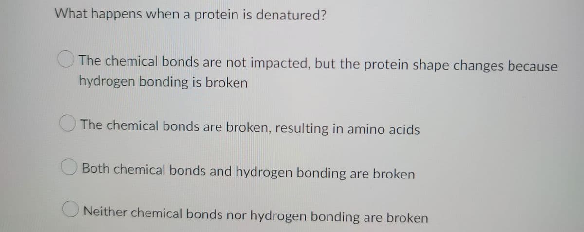 What happens when a protein is denatured?
The chemical bonds are not impacted, but the protein shape changes because
hydrogen bonding is broken
The chemical bonds are broken, resulting in amino acids
Both chemical bonds and hydrogen bonding are broken
ONeither chemical bonds nor hydrogen bonding are broken