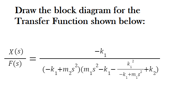 Draw the block diagram for the
Transfer Function shown below:
X (s)
-k,
2
F(s)
k.
(-k,+m,s)(m,s²-k,-
-k +m,
