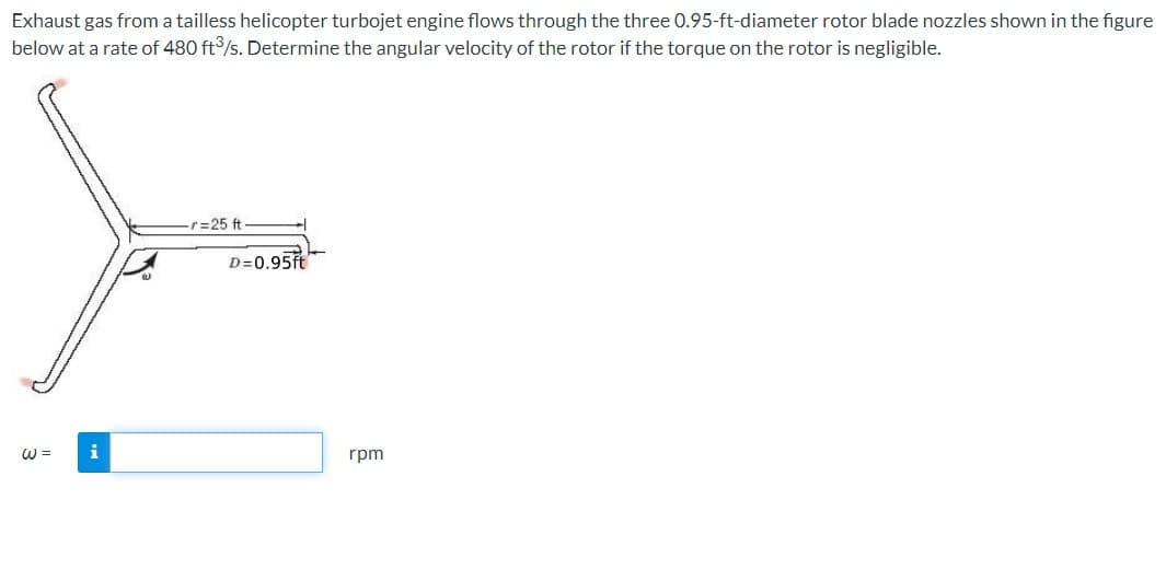 Exhaust gas from a tailless helicopter turbojet engine flows through the three 0.95-ft-diameter rotor blade nozzles shown in the figure
below at a rate of 480 ft3/s. Determine the angular velocity of the rotor if the torque on the rotor is negligible.
-r=25 ft
W =
i
D=0.95ft
rpm