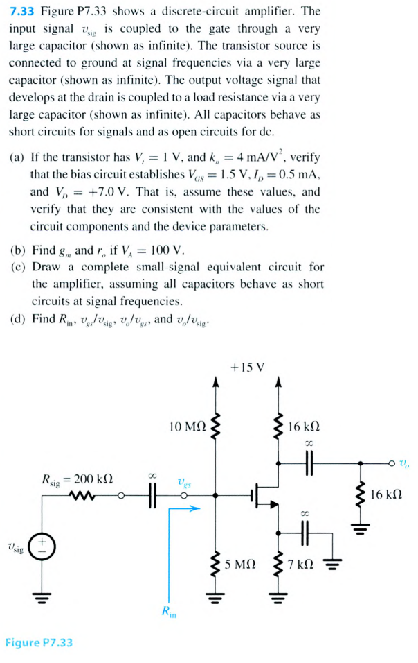 7.33 Figure P7.33 shows a discrete-circuit amplifier. The
input signal vig is coupled to the gate through a very
large capacitor (shown as infinite). The transistor source is
connected to ground at signal frequencies via a very large
capacitor (shown as infinite). The output voltage signal that
develops at the drain is coupled to a load resistance via a very
large capacitor (shown as infinite). All capacitors behave as
short circuits for signals and as open circuits for de.
(a) If the transistor has V, = 1 V, and k, = 4 mA/V', verify
that the bias circuit establishes Ves = 1.5 V, I, =0.5 mA,
and V, = +7.0 v. That is, assume these values, and
%3D
verify that they are consistent with the values of the
circuit components and the device parameters.
(b) Find g„, and r, if V, = 100 V.
(c) Draw a complete small-signal equivalent circuit for
the amplifier, assuming all capacitors behave as short
circuits at signal frequencies.
(d) Find R, V/vig, v,/Vg» and v,/vig-
+15 V
10 MN
16 k2
Rie = 200 k)
16 kN
Vaig
5 ΜΩ
7 kN
Rin
Figure P7.33

