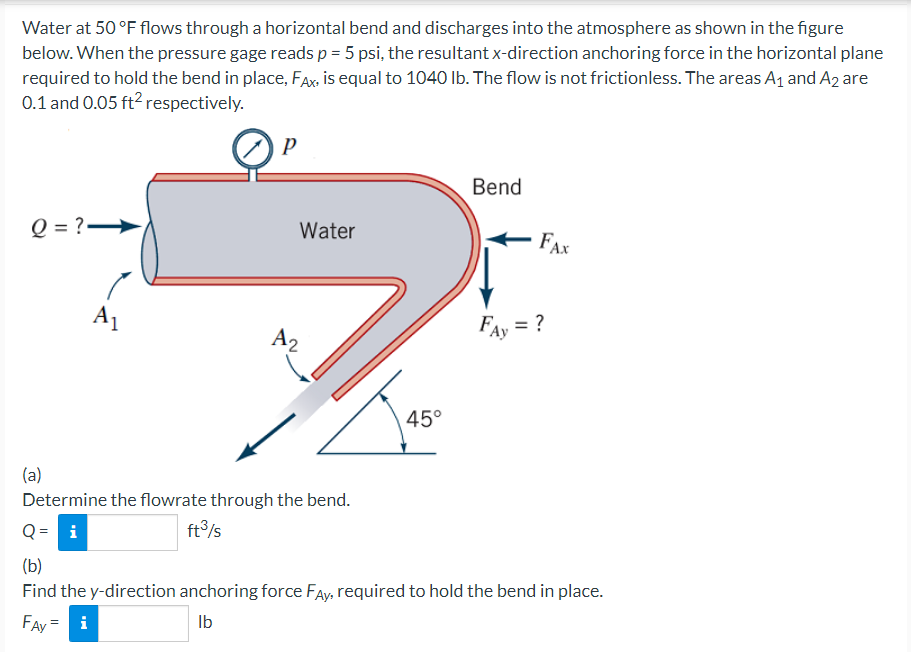 Water at 50 °F flows through a horizontal bend and discharges into the atmosphere as shown in the figure
below. When the pressure gage reads p = 5 psi, the resultant x-direction anchoring force in the horizontal plane
required to hold the bend in place, FAx, is equal to 1040 Ib. The flow is not frictionless. The areas A1 and A2 are
0.1 and 0.05 ft2 respectively.
Bend
Q = ? →
Water
FAX
A1
FAy = ?
A2
45°
(a)
Determine the flowrate through the bend.
Q = i
ft/s
(b)
Find the y-direction anchoring force FAy, required to hold the bend in place.
FAy = i
Ib
