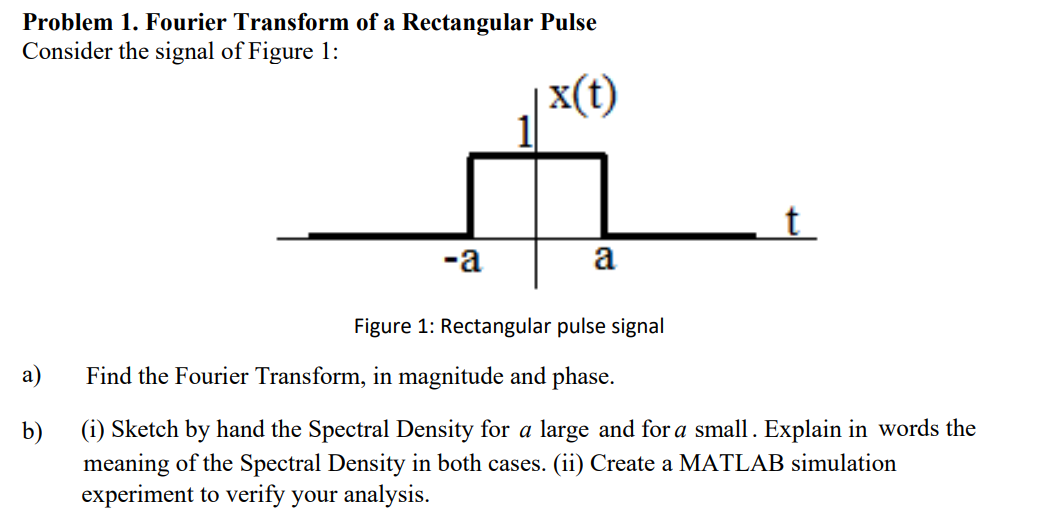 Problem 1. Fourier Transform of a Rectangular Pulse
Consider the signal of Figure 1:
|x(t)
-a
a
Figure 1: Rectangular pulse signal
a)
Find the Fourier Transform, in magnitude and phase.
(i) Sketch by hand the Spectral Density for a large and for a small. Explain in words the
meaning of the Spectral Density in both cases. (ii) Create a MATLAB simulation
experiment to verify your analysis.
