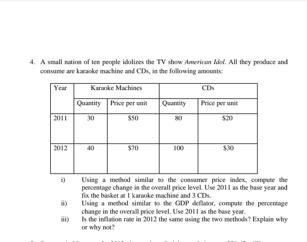 4. A small nation of ten people idolizes the TV show American Idol. All they produce and
consume are karaoke machine and CDs, in the following amounts:
Year
Karaoke Machines
CDs
Quantity
Price per unit
Quantity
Price per unit
2011
30
$50
80
$20
2012
40
$70
100
$30
i)
Using a method similar to the consumer price index, compute the
percentage change in the overall price level. Use 2011 as the base year and
fix the basket at 1 karaoke machine and 3 CDs.
Using a method similar to the GDP deflator, compute the percentage
change in the overall price level. Use 2011 as the base year.
Is the inflation rate in 2012 the same using the two methods? Explain why
or why not?
ii)
iii)
