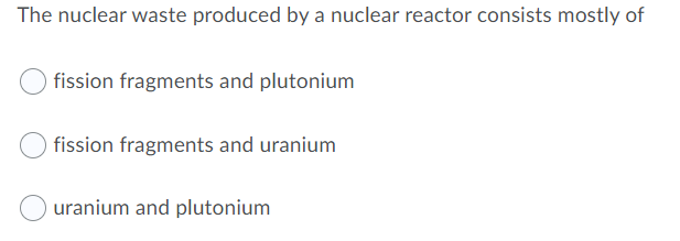 The nuclear waste produced by a nuclear reactor consists mostly of
fission fragments and plutonium
fission fragments and uranium
uranium and plutonium
