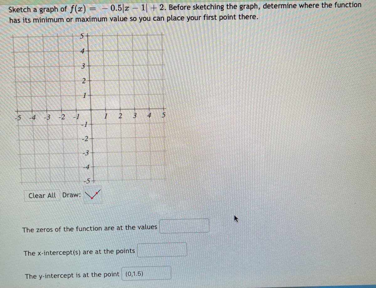 Sketch a graph of f(r)
has its minimum or maximum value so you can place your first point there.
-0.5|x-1 + 2. Before sketching the graph, determine where the function
5+
4
3.
-5
-4-3
-2-1
3
14
-1
-2-
-3
-4
-5
Clear All Draw:
The zeros of the function are at the values
The x-intercept(s) are at the points.
The y-intercept is at the point (0,1.5)
2.
