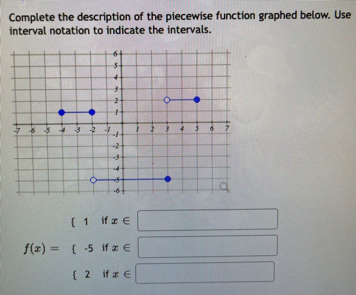 Complete the description of the piecewise function graphed below. Use
interval notation to indicate the intervals.
-2
2
-4
{1ifze
f(2) = (5 if E
{2 if x E
of
