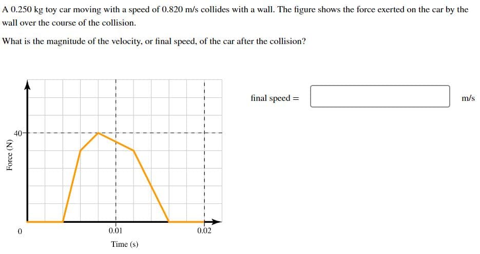 A 0.250 kg toy car moving with a speed of 0.820 m/s collides with a wall. The figure shows the force exerted on the car by the
wall over the course of the collision.
What is the magnitude of the velocity, or final speed, of the car after the collision?
Force (N)
40-
0
T
T
I
1
I
T
0.01
Time (s)
0.02
final speed =
m/s