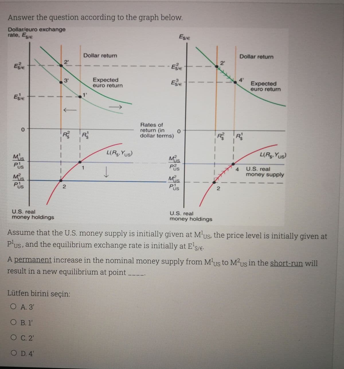 Answer the question according to the graph below.
Dollar/euro exchange
rate, Ese
Ese
Dollar return
Dollar return
2'
Expected
euro return
Ee
Expected
euro return
3'
1'
Esie
Rates of
return (in
dollar terms)
R
R
L(Rg. Yus)
L(Rg. Yus)
Mus
Pus
"us
Pis
4
U.S. real
money supply
1
Mus
Pis
Mus
Pis
US
US
U.S. real
money holdings
U.S. real
money holdings
Assume that the U.S. money supply is initially given at M'us, the price level is initially given at
P'us, and the equilibrium exchange rate is initially at E's/e.
US,
US
A permanent increase in the nominal money supply from Mus to M²us in the short-run will
result in a new equilibrium at point
Lütfen birini seçin:
O A. 3'
O B. 1'
O C. 2'
O D. 4'
