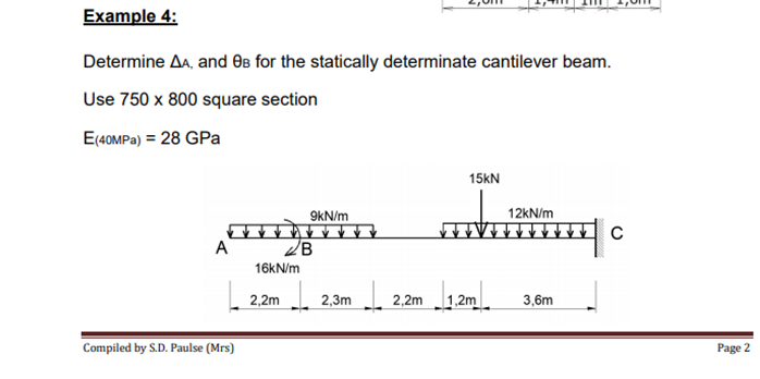 Example 4:
Determine Aa, and Os for the statically determinate cantilever beam.
Use 750 x 800 square section
E(40MPa) = 28 GPa
15KN
12KN/m
9KN/m
А
16KN/m
2,2m 2,3m _ 2,2m
|1,2m
3,6m
Compiled by S.D. Paulse (Mrs)
Page 2
